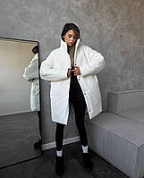 Зимняя теплая женская куртка с капюшоном модная стильная теплая курточка на кнопках с поясом 250 еврозима OS 46/48, Белый