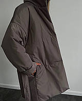 Зимняя теплая женская куртка с капюшоном модная стильная теплая курточка на кнопках с поясом 250 еврозима OS 46/48, Темное мокко