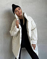 Зимняя теплая женская куртка из экокожи модная стильная курточка на кнопках с ремнем без капюшона 250 еврозима 46/48, Молочный