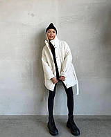 Зимняя теплая женская куртка из экокожи модная стильная курточка на кнопках с ремнем без капюшона 250 еврозима 50/52, Молочный