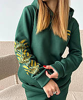 Женский теплый удобный прогулочный костюм Колоски батник и штаны спортивный костюм трехнитка на флисе OS 42/44, Темно зеленый