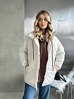 Жіноча стильна куртка пуховик стьобана легка зимова куртка з капюшоном синтепон 250 єврозима OS 48/52, Молочний