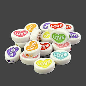 (20 г) Пластикові намистини плоскі "Love" 10х13 мм - мікс