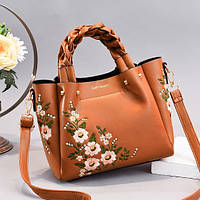 Жіноча сумка через плече з вишивкою квітами жіноча сумочка екошкіра повсякденна Коричнева Seli