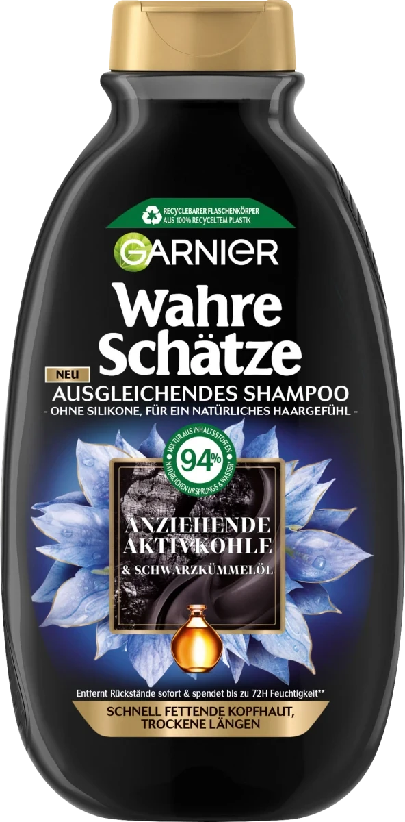 Шампунь для волосся GARNIER Wahre Schätze Anziehende Aktivkohle & Schwarzkümmelöl, 300 мл.