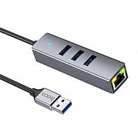 Хаб USB Hoco HB34 Easy link Gigabit Ethernet aдаптер (USB to USB3.0, 3+RJ45), USB концентратор, 155 мм,