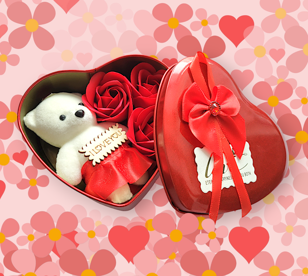 Розы из мыла в подарочной металлической коробке в виде сердца с мишкой - фото 2 - id-p2079605923
