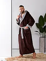 Довгий чоловічий халат із капюшоном кишенями та поясом теплий махровий