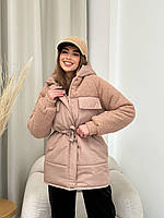 Куртка зимняя с плащевки и мягкого меха барашек с капюшоном длинная силикон 250