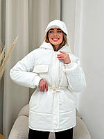 Куртка зимняя с плащевки и мягкого меха барашек с капюшоном длинная силикон 250 44/46, Молоко