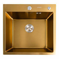 Кухонна мийка PLATINUM HANDMADE PVD золото, врізна під стільницю 50*50 з кошиком і дозатором, квадратна