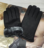 Мужские зимние кожаные перчатки из оленьей кожи, подкладка мех black Отличное качество