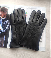 Мужские кожаные перчатки "Style" подкладка махра Black Отличное качество