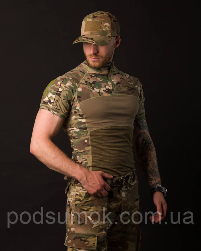 Футболка тактична чоловіча з коротким рукавом і коміром стойкою Fight Мультикам M
