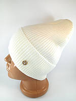 Шапка женская лопата с отворотом брошью Модные женские шапки Шапка-колпак Флис бело-молочная