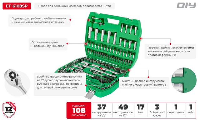 Набор инструментов 1/2" & 1/4" 108 ед. INTERTOOL ET-6108SP