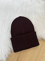 Демисезонная шапка в рубчик с отворотом, для взрослых и детей Бордовый меланж