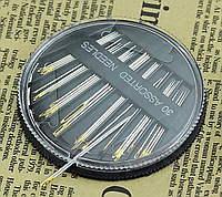 Набір швейних голок для шиття, вишивки, рукоділля різних розмірів у круглому боксі 30 штук. Сріблястий