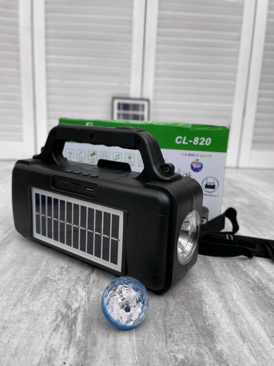 Переносний ліхтар CL-820+Solar, 1 режим, Bluetooth колонка, вбудований акум, USB-вихід, USB-лампочка, Box  SV SV