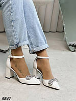 Женские туфли экокожа белые на высоком устойчивом каблуке с острым носиком 36
