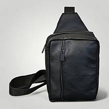 Сумка чоловіча - шкіряна, нагрудна сумка слінг шкіряна чорна на UR-368 3 кишені