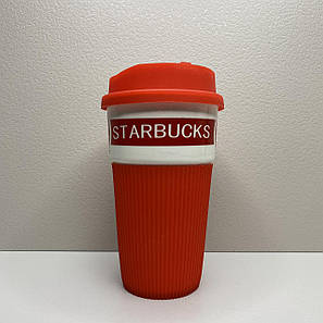 Склянка керамічна із силіконовою кришкою 400 мл Starbucks 9703 червоний з білим, фото 2
