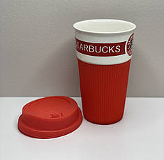 Склянка керамічна із силіконовою кришкою 400 мл Starbucks 9703 червоний з білим, фото 3