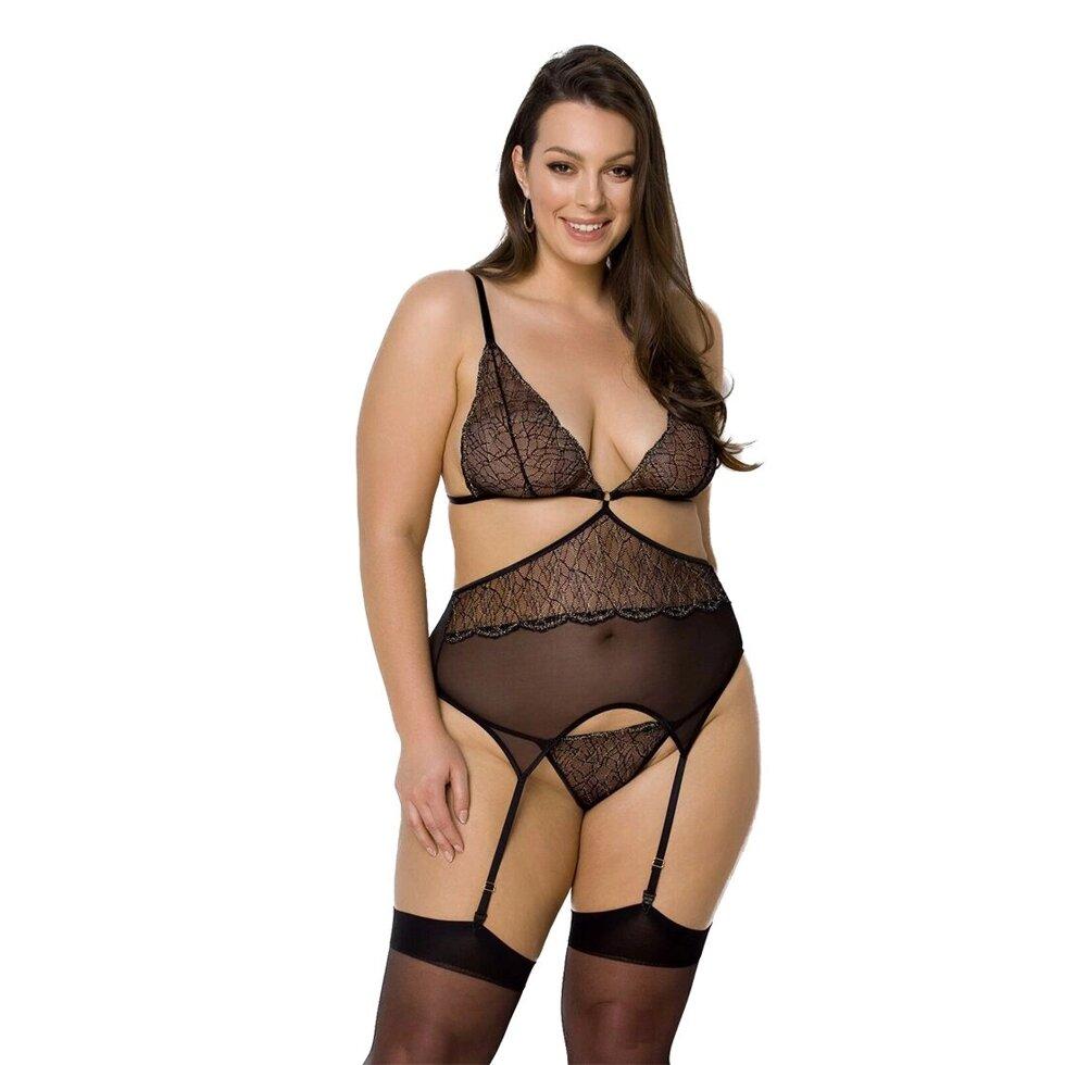 Корсет з пажами Passion AMBERLY CORSET 4XL/5XL, black, асиметричний крій, мережива, стрінги