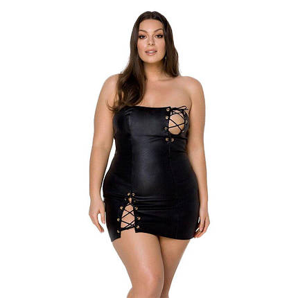 Міні-плаття з екокожі Passion CELINE CHEMISE 6XL/7XL, black, шнурівка, трусики в комплекті, фото 1