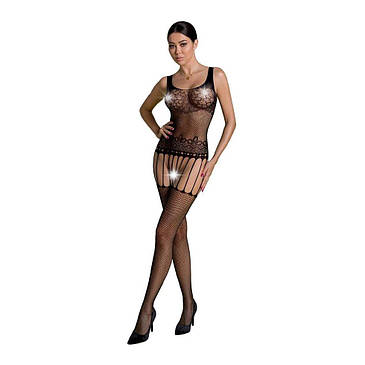 Бодістокінг Passion ECO BS001 One Size black, з доступом, імітація підв'язок, флористичний декор, фото 1