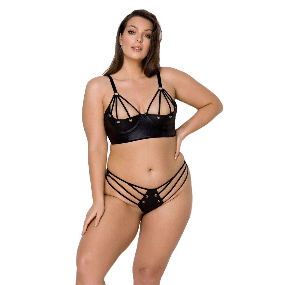 Комплект з екокожі Passion MALWIA BIKINI 6XL/7XL black, з люверсами і ремінцями, бра, трусики