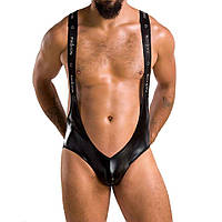 Чоловіче відкрите боді Passion 027 BRUNO L/XL Black, під латекс, на лямках
