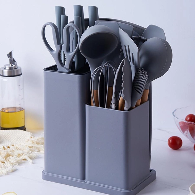 Набір кухонного приладдя та ножів Kitchen кухонні аксесуари із силікону з бамбуковою ручкою чорний