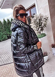 Куртка подовжена жіноча на синтепоні стьобана молодіжна, чорна, розмір 42/44, 46/48,