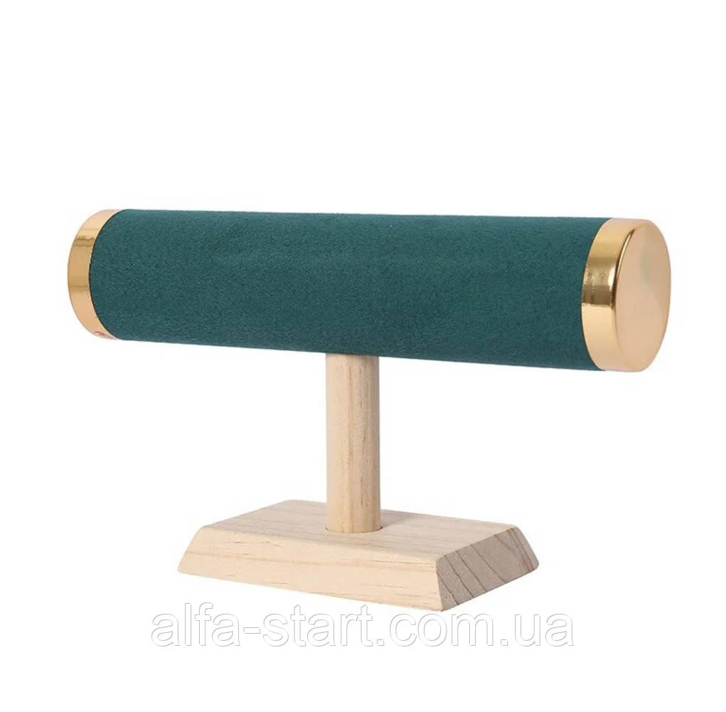 Зелена дерев'яна підставка із золотими вставками для браслетів та годинників