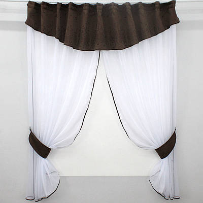 Кухонний комплект, (270х170см.) шторки з ламбрекеном і підхватами. Колір білий з коричневим. Код 084к 52-0634