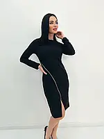 Чорне елегантне демісезонне плаття з довгим рукавом, спереду розріз і коса блискавка