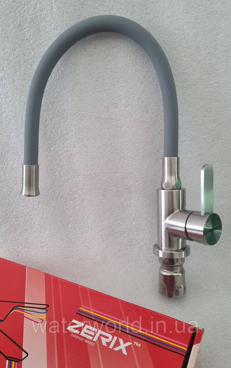 Змішувач для кухні на мийку ZERIX 74004-9 з нержавіючої сталі з гнучким гусаком сірого кольору, фото 1