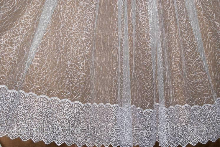 Тюль павутинка біла з вишитим ажурним низом, Туреччина, фото 1