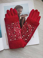 Женские теплые перчатки, вязка бусины красные