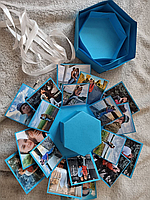 Подарочная коробка с фотографиями голубая. Распашная коробка с фотографиями, коробка-раскладушка с сюрпризом