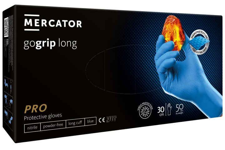 Професійні рукавички Mercator GoGrip Long, підвищеної міцності, сині, розмір XL, 50 штук
