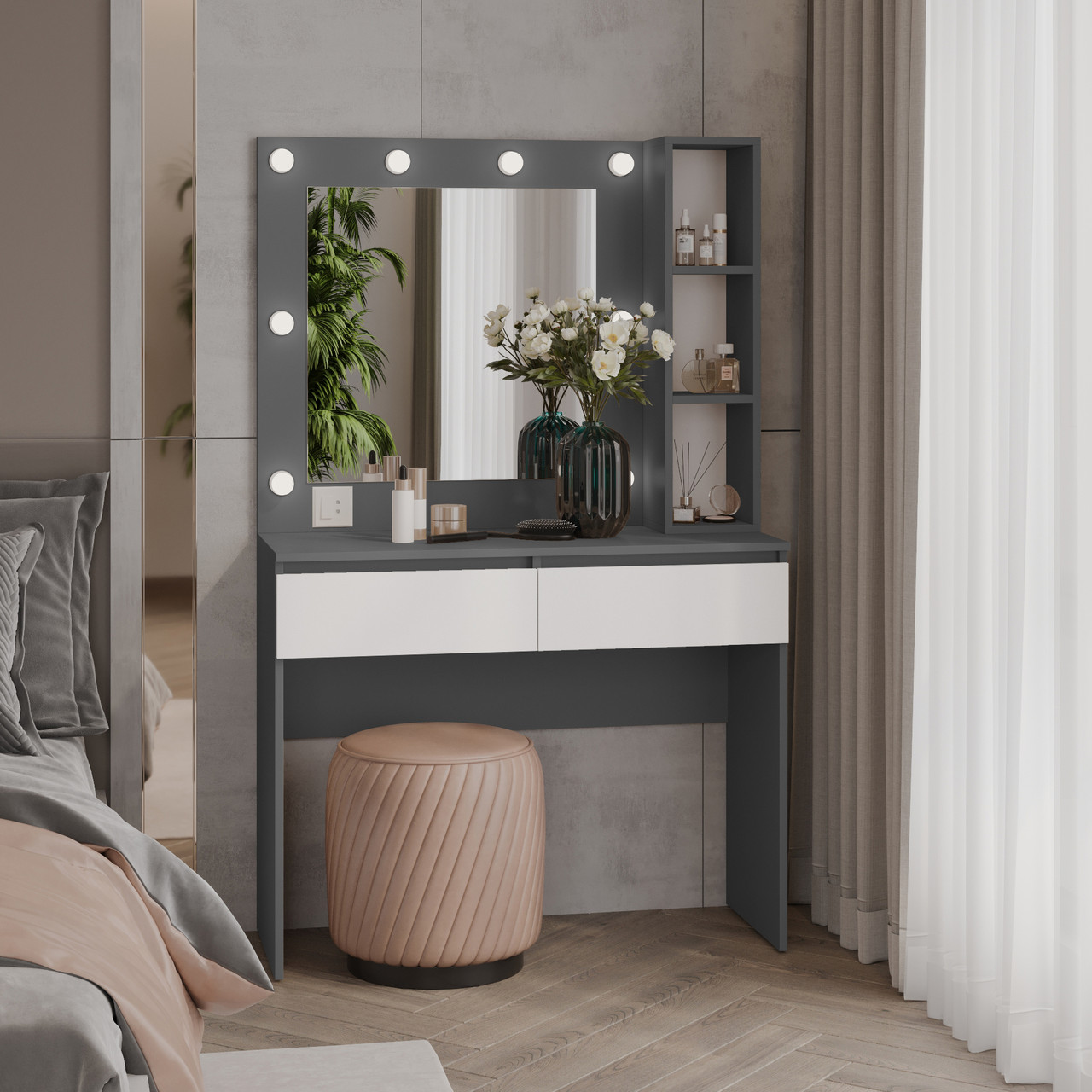 Туалетний столик з квадратним дзеркалом 1600х1000х400 мм Антрацит/Білий, фото 1