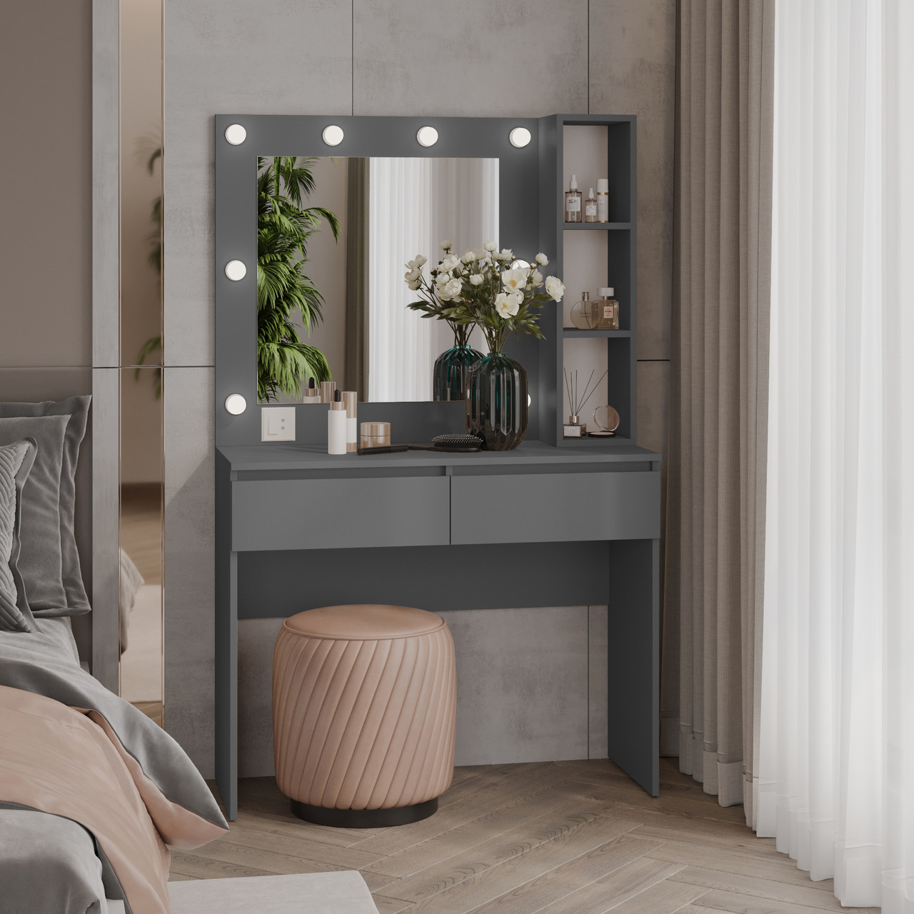 Туалетний столик з квадратним дзеркалом 1600х1000х400 мм Антрацит, фото 1