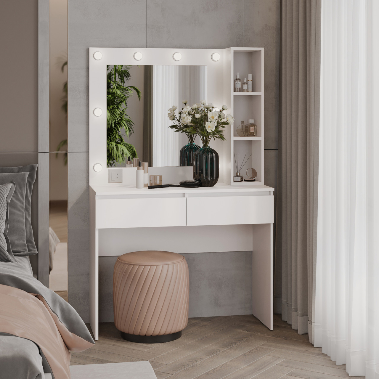 Туалетний столик з квадратним дзеркалом 1600х1000х400 мм Білий, фото 1