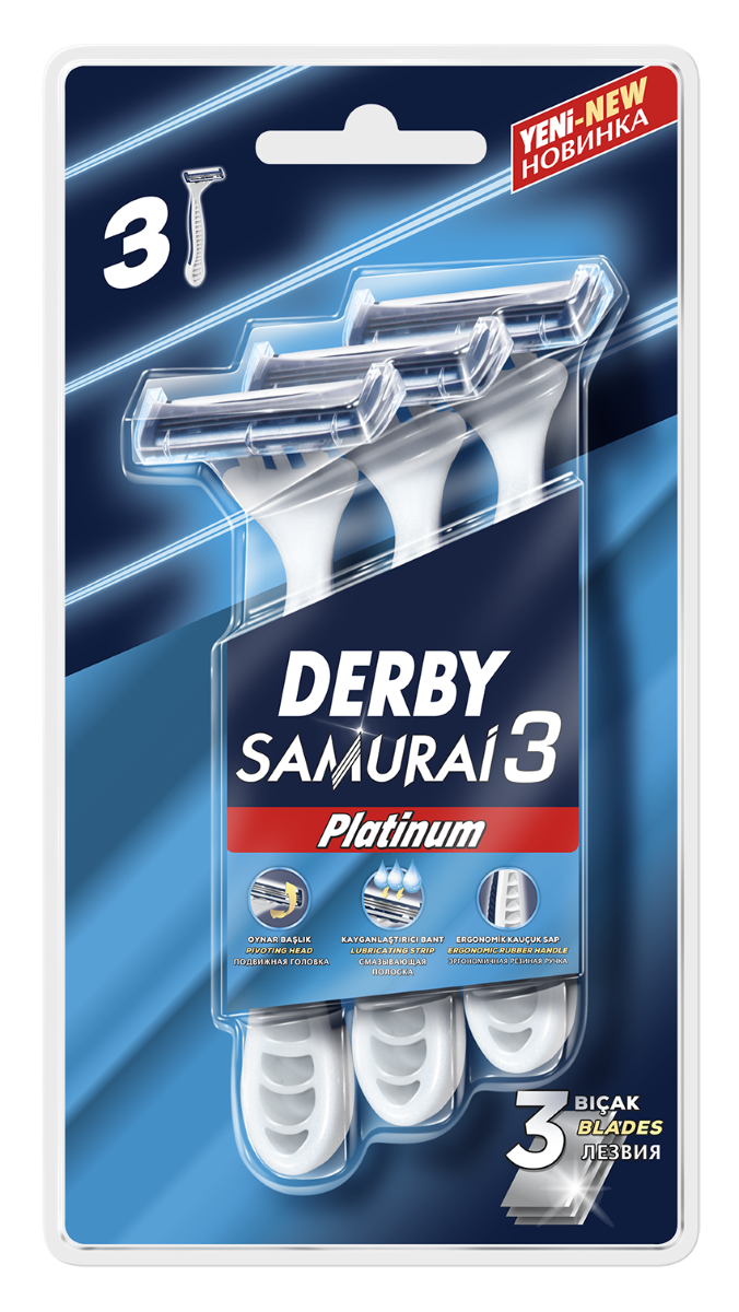 Одноразові бритви Derby Samurai Platinum з потрійним лезом 3 шт. в блістері
