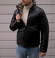 Куртка зимова чоловіча еко шкіра на хутрі куртка тепла шкіряна стьобана чорна
