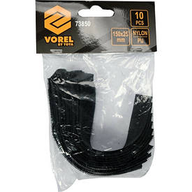 Хомут-липучка для кабелю VOREL: 25 x 150 мм, чорний, нейлон + поліестер + поліуретан, 10 штук