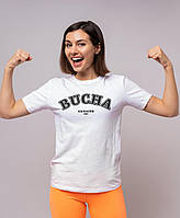 Необычный оригинальный подарок женская футболка с патриотическим принтом "Bucha Ukraine 1901" белая PRO_330