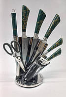 Набор ножей Rainberg из нержавеющей стали на крутящейся подставке 9 предметов (RB-8804) Зелёный Мрамор ручка